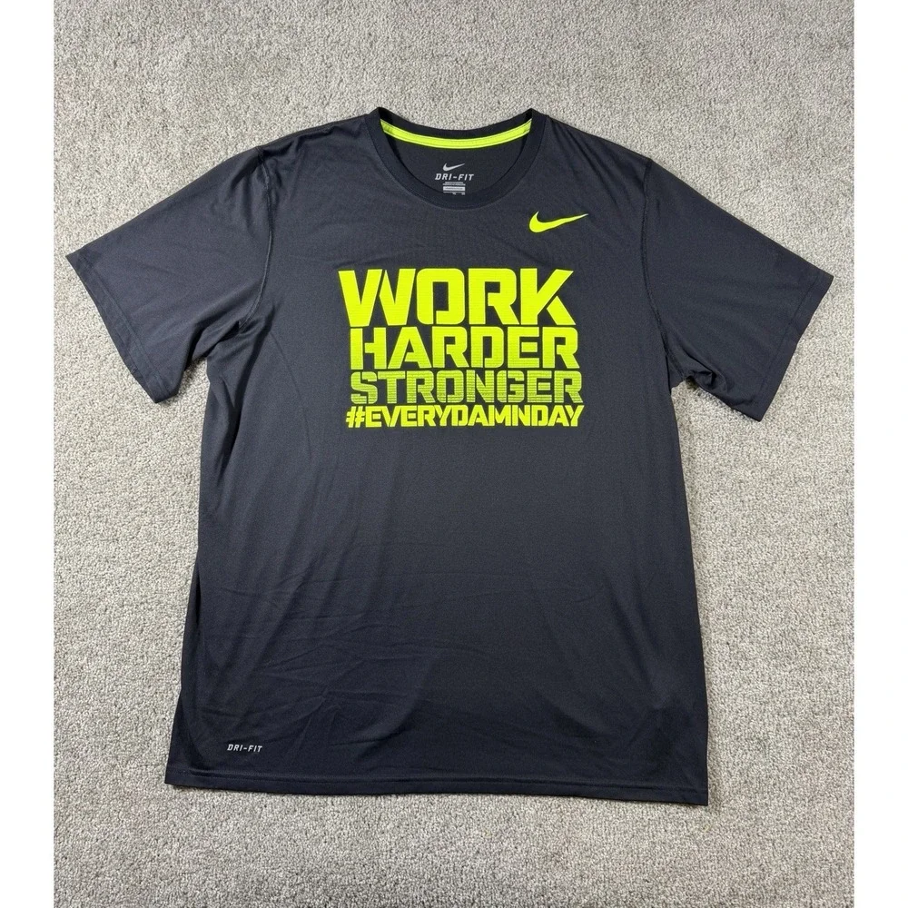 Nike Dri-Fit Shirt Mens XL Black Graphic Tee Work Harder Stronger Training T